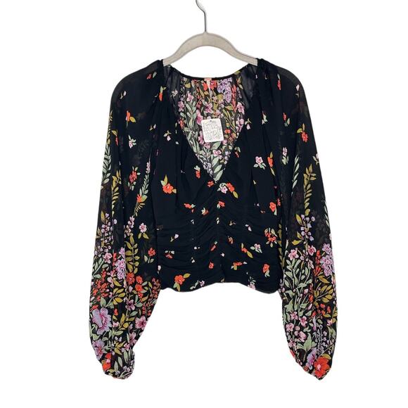 Free People Blouse Women’s Sz XS Floral Final Rose Cropped Sheer Balloon Sleeve - Picture 1 of 7
